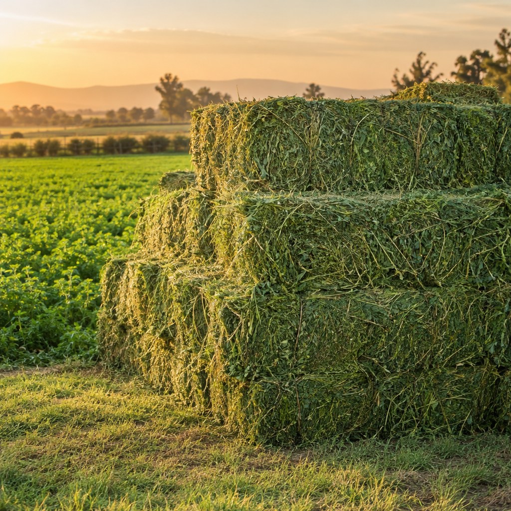 Premium Alfalfa Hay – Natural Farm Scene Illustrative alfalfa hay bales in a natural farm setting beside a green forage field
